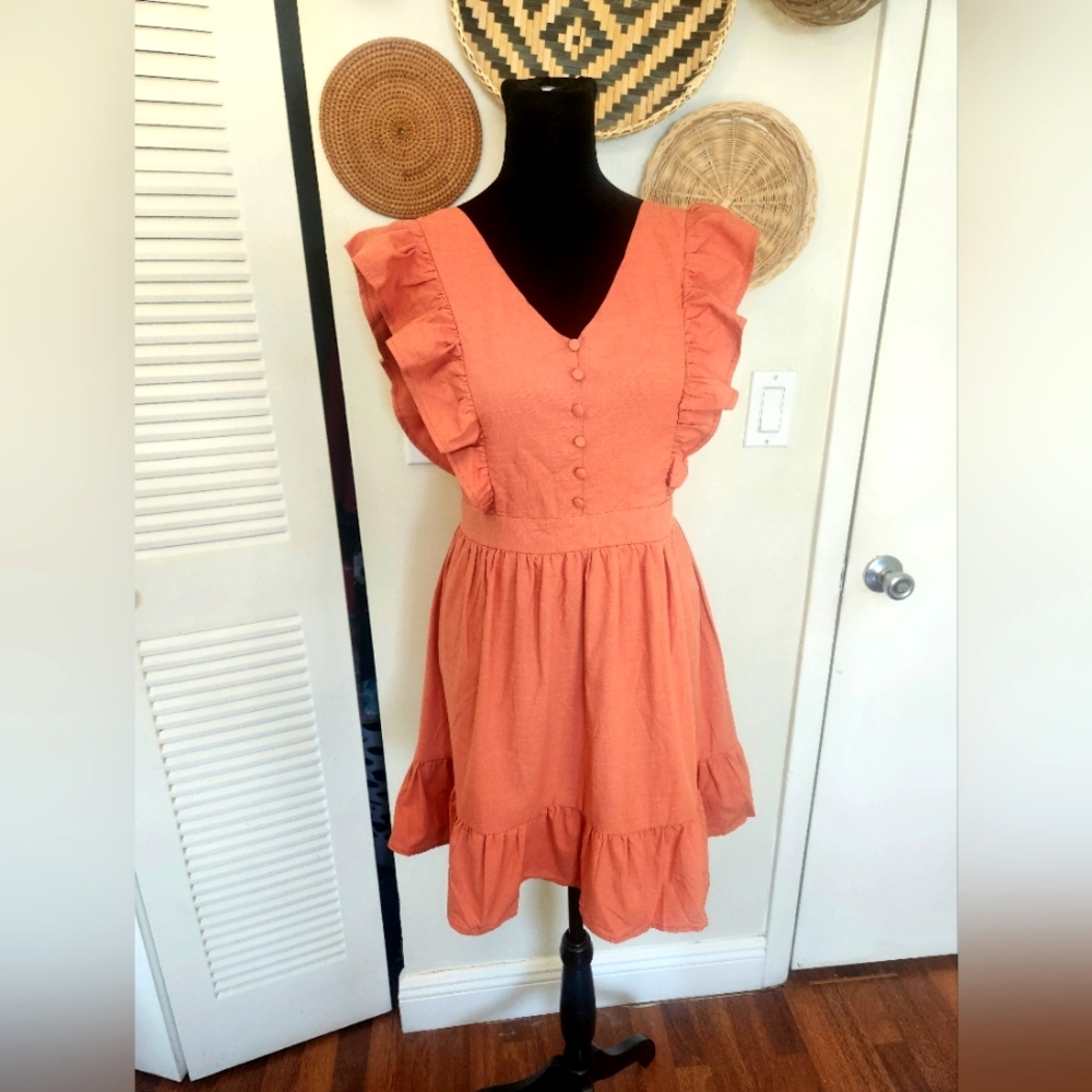 Orange Mini Dress With Ruffles Flutter Sleeves - Picture 4 of 7